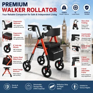 Foldable Walker With Seat, Durable Aluminum, 8" Big Wheels